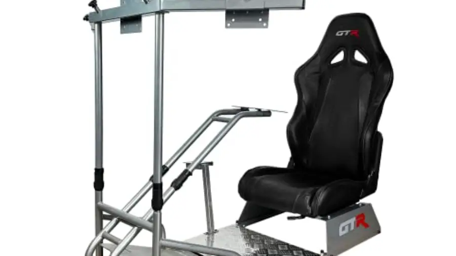 GTR Simulator GTS-F Model Silver Frame Triple | Single Monitor Stand with Black Adjustable Leatherette Seat Racing Driving Gaming Simulator Cockpit Chair