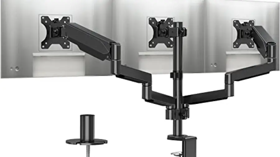 Best Triple Monitor Stand 27-inch MOUNTUP Triple Monitor Stand Mount, 3 Monitor Desk Mount for Three Max 27 Inch Computer Screen, 2.2-17.6lbs Heavy Duty Gas Spring Triple Monitor Arm Holder, VESA Bracket With Clamp/Grommet Base, Black